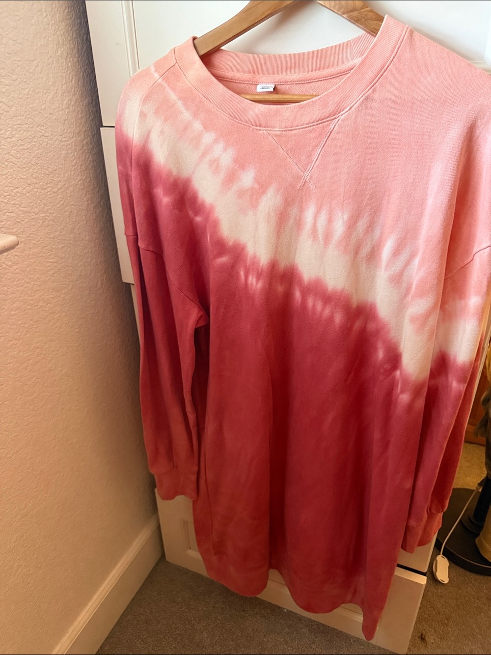 Old Navy Pink and White Tie-Dye Sweatshirt Dress